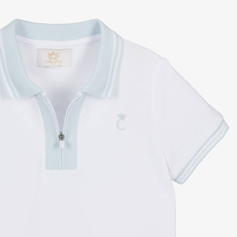Caramelo Kids-Boys White & Pale Blue Cotton Piqué Shorts Set | Childrensalon