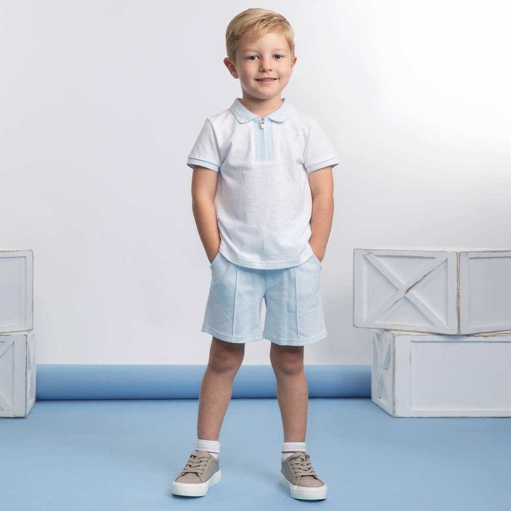 Caramelo Kids-Boys White & Pale Blue Cotton Piqué Shorts Set | Childrensalon
