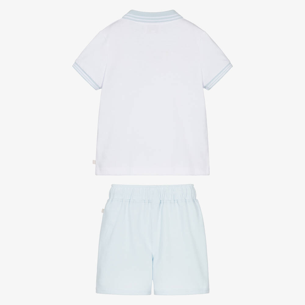 Caramelo Kids-Boys White & Pale Blue Cotton Piqué Shorts Set | Childrensalon