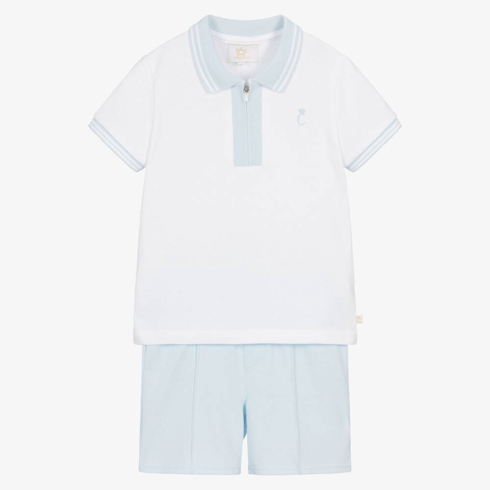 Caramelo Kids-Boys White & Pale Blue Cotton Piqué Shorts Set | Childrensalon