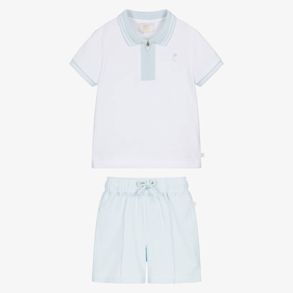 Caramelo Kids-Boys White & Pale Blue Cotton Piqué Shorts Set | Childrensalon