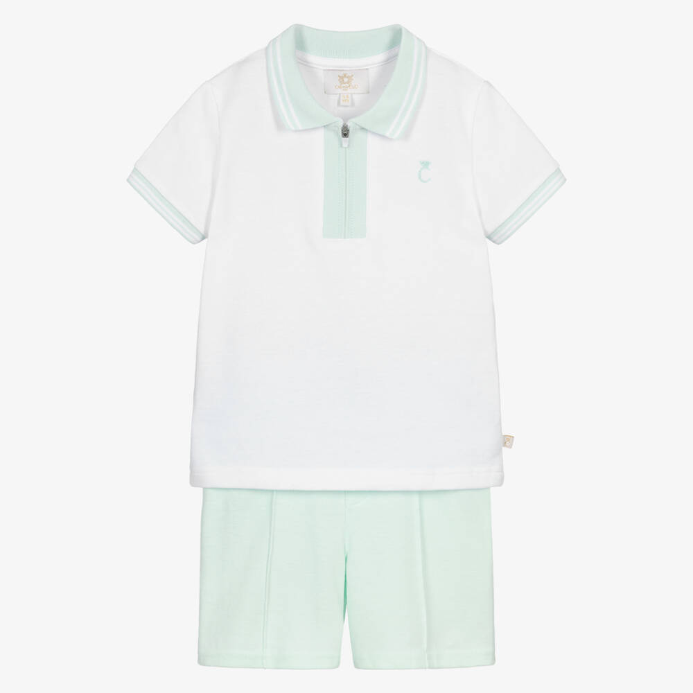 Caramelo Kids-Boys White & Pale Green Cotton Piqué Shorts Set | Childrensalon