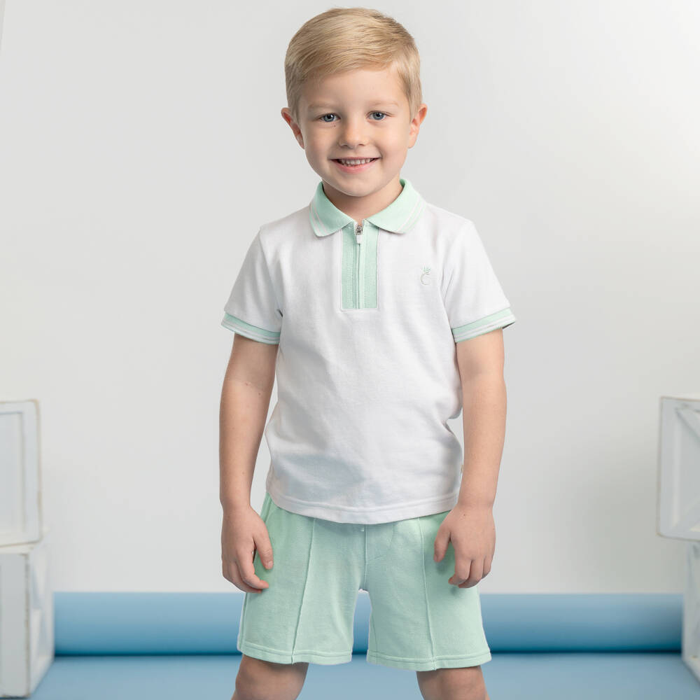 Caramelo Kids-Boys White & Pale Green Cotton Piqué Shorts Set | Childrensalon