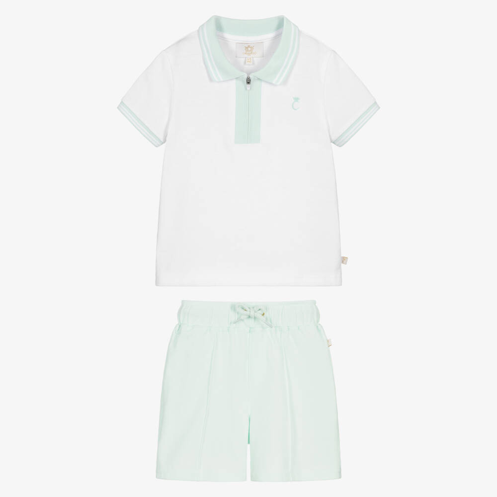 Caramelo Kids-Boys White & Pale Green Cotton Piqué Shorts Set | Childrensalon