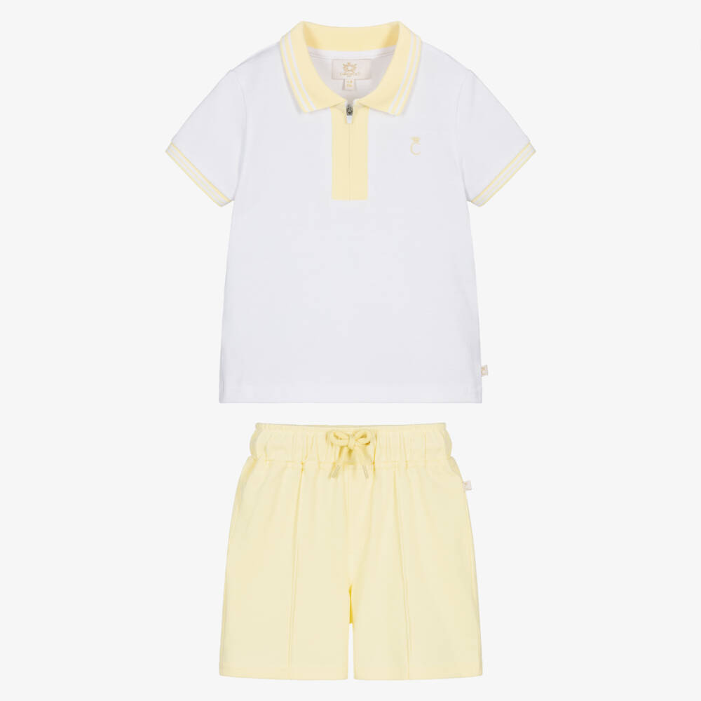 Caramelo Kids-Boys White & Pale Yellow Cotton Piqué Shorts Set | Childrensalon