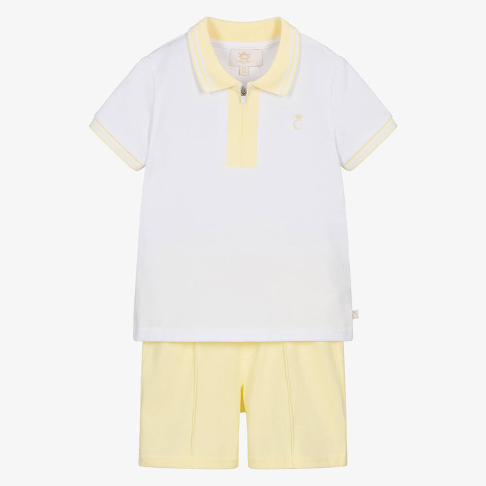 Caramelo Kids-Boys White & Pale Yellow Cotton Piqué Shorts Set | Childrensalon