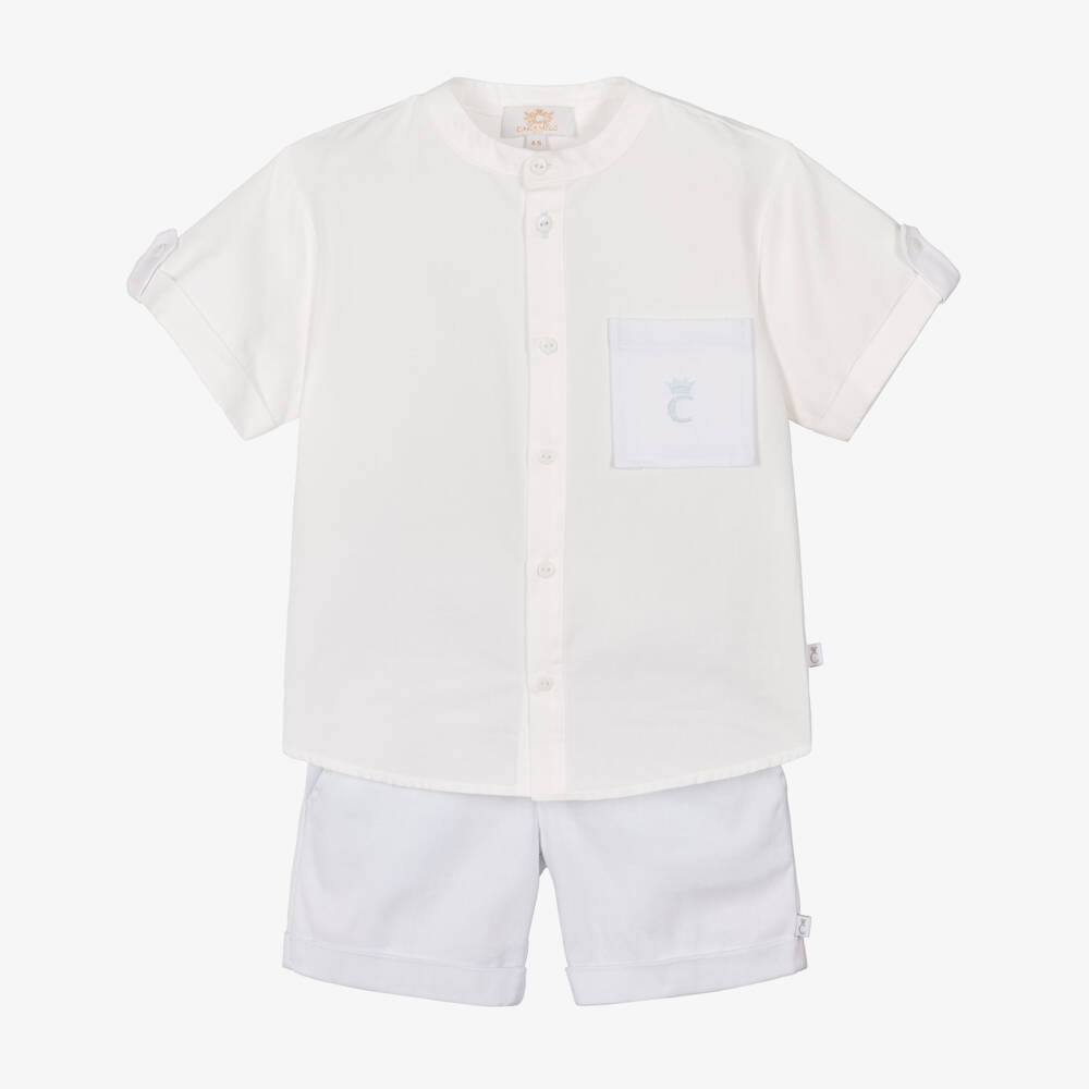 Caramelo Kids-Boys White Shirt & Pale Blue Shorts Set | Childrensalon
