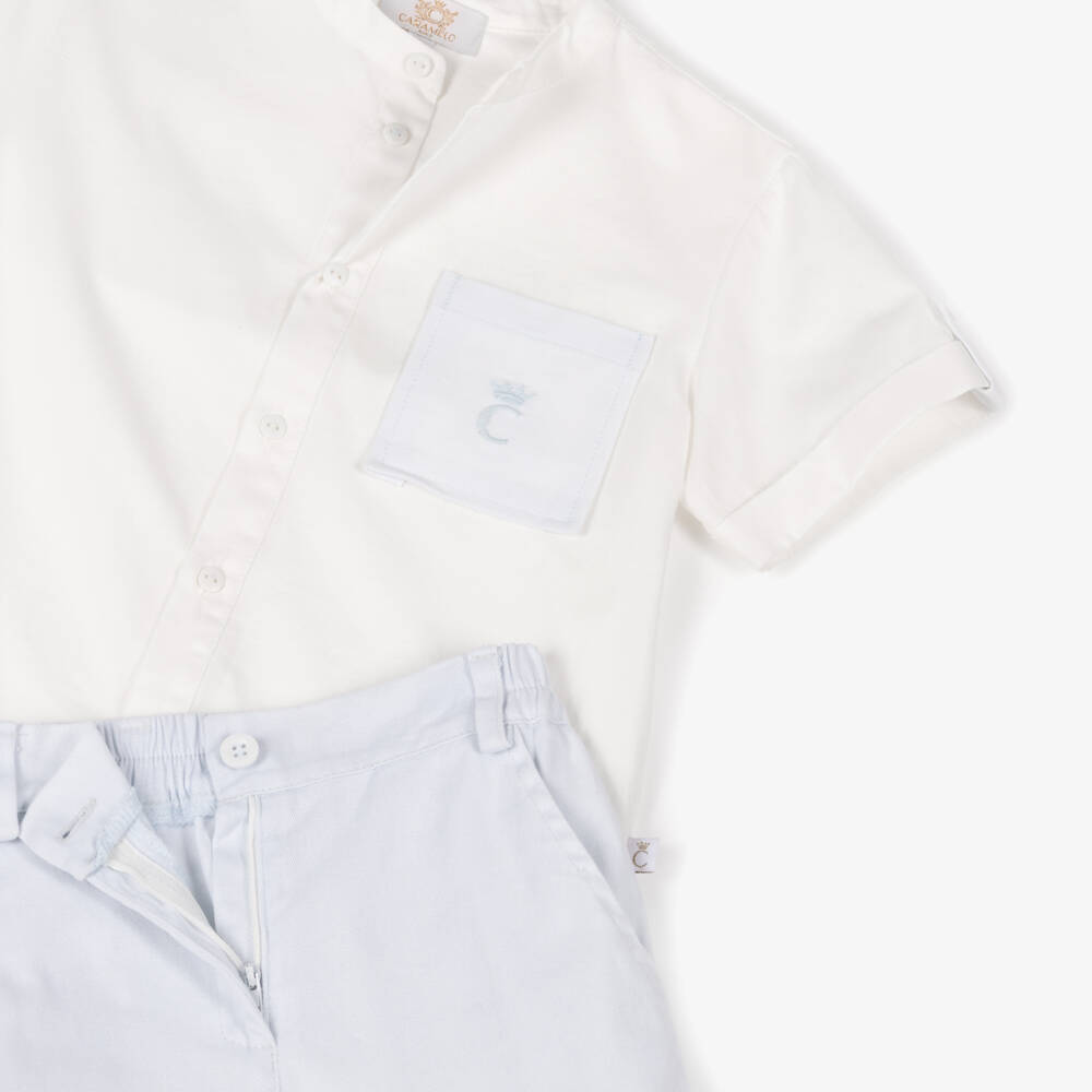 Caramelo Kids-Boys White Shirt & Pale Blue Shorts Set | Childrensalon