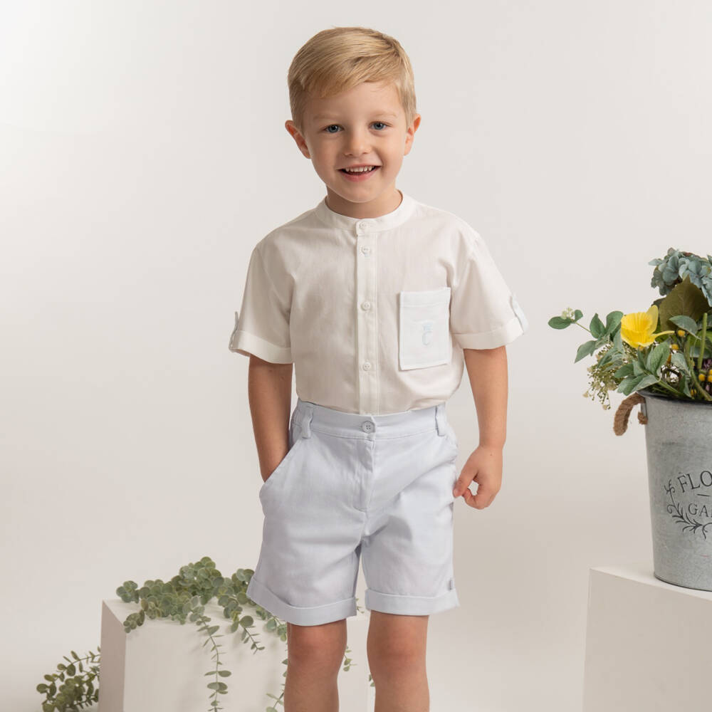 Caramelo Kids-Boys White Shirt & Pale Blue Shorts Set | Childrensalon