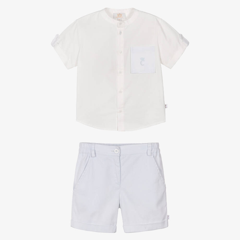 Caramelo Kids-Boys White Shirt & Pale Blue Shorts Set | Childrensalon