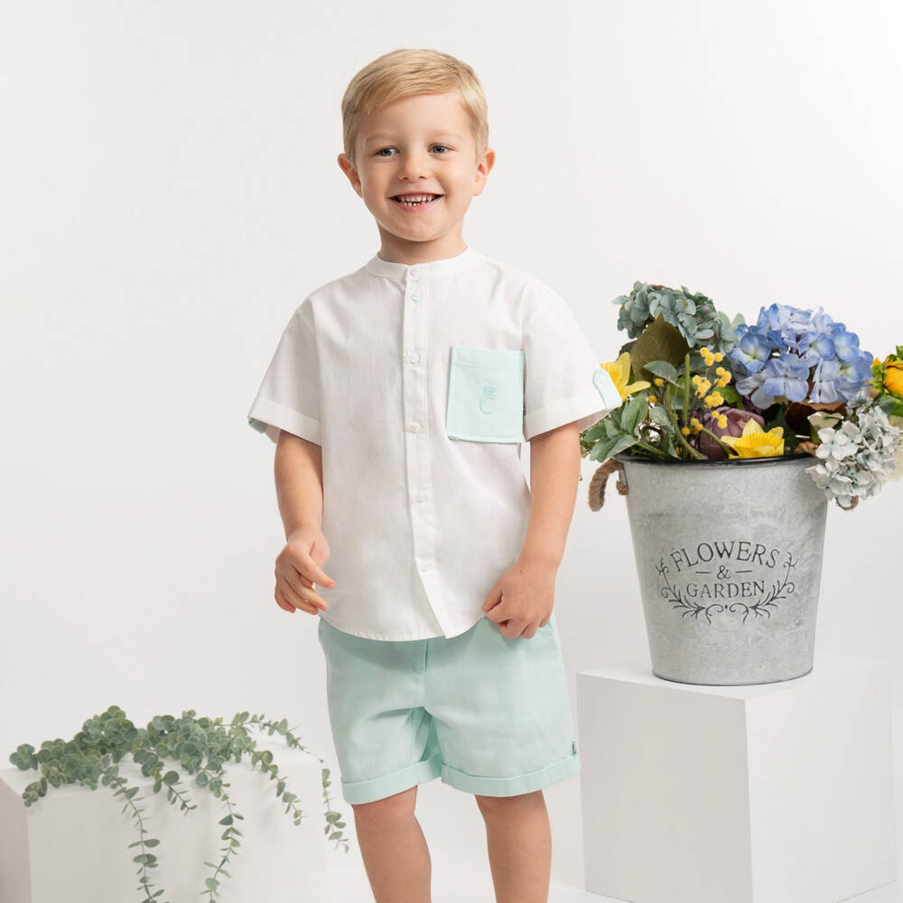 Caramelo Kids-Boys White Shirt & Pale Green Shorts Set | Childrensalon