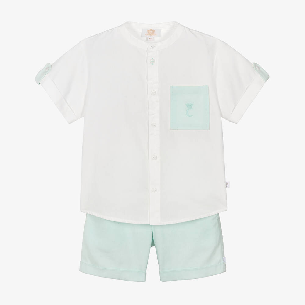 Caramelo Kids-Boys White Shirt & Pale Green Shorts Set | Childrensalon