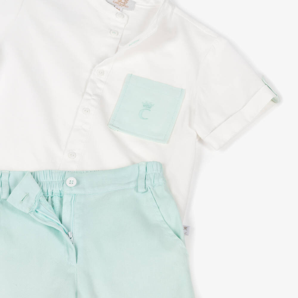 Caramelo Kids-Boys White Shirt & Pale Green Shorts Set | Childrensalon