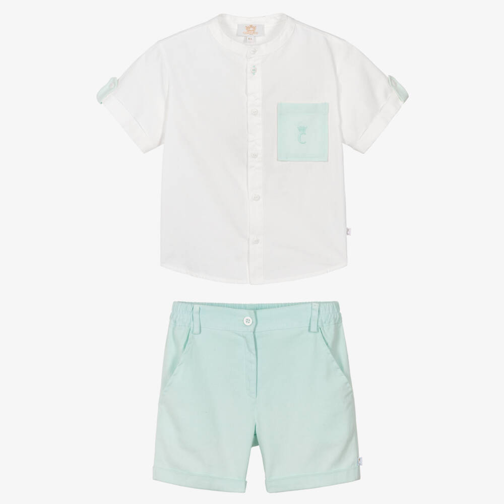 Caramelo Kids-Boys White Shirt & Pale Green Shorts Set | Childrensalon