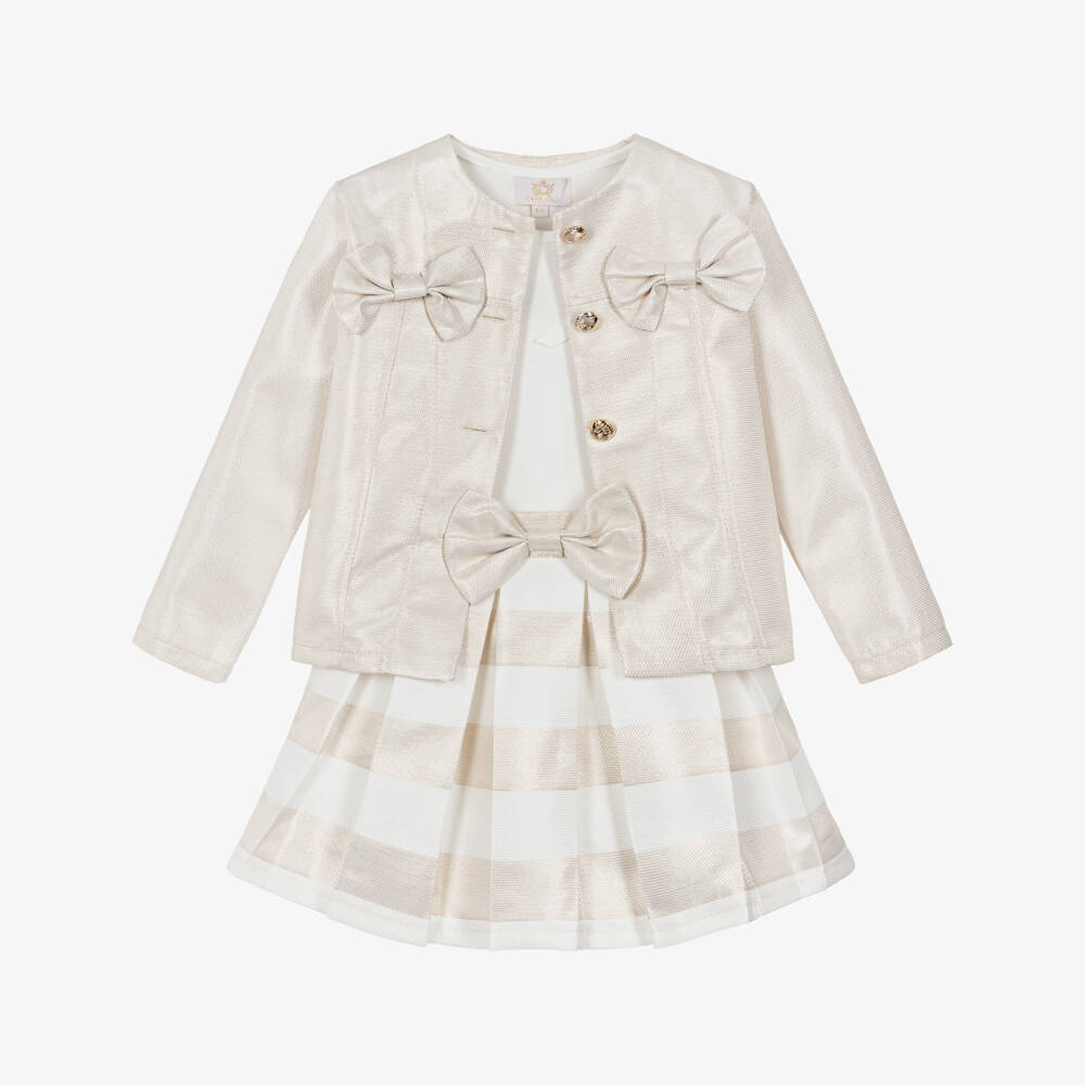 Caramelo Kids-Girls Beige & Gold Shimmer Pleated Skirt Set | Childrensalon