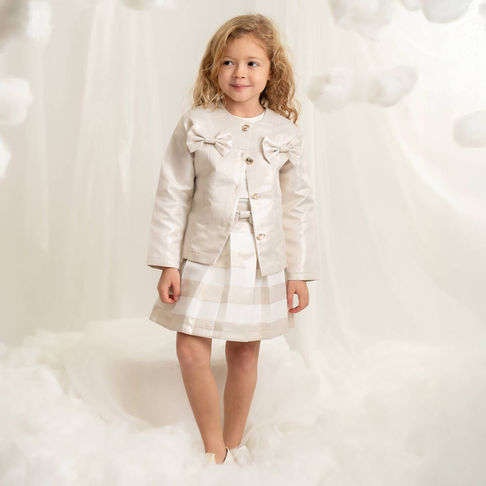 Caramelo Kids-Girls Beige & Gold Shimmer Pleated Skirt Set | Childrensalon