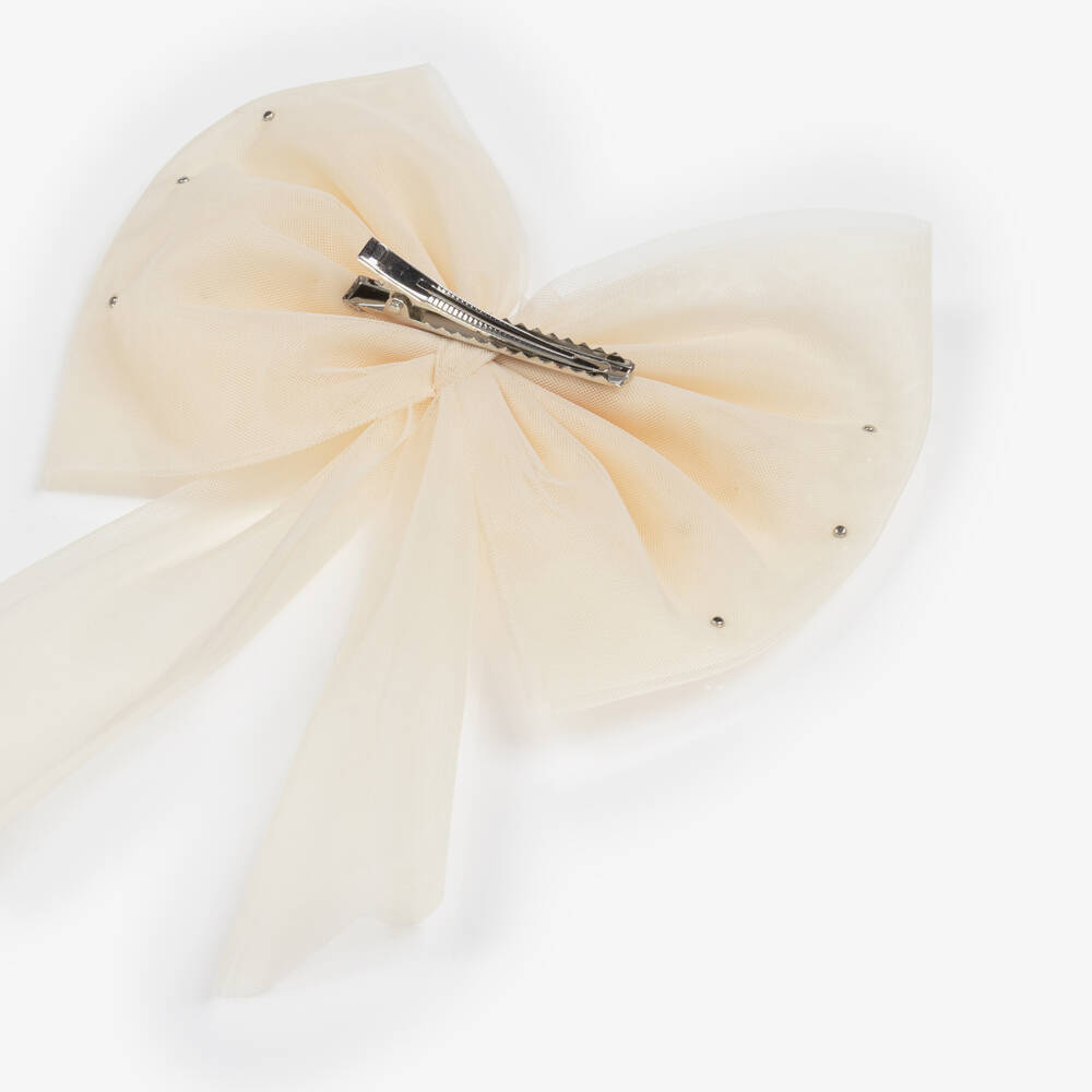 Caramelo Kids-Girls Beige Tulle Bow Hair Clip with Pearl Beads (17cm) | Childrensalon