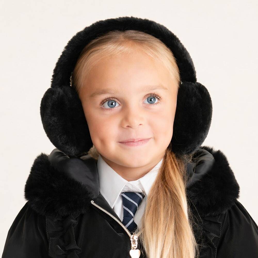 Caramelo Kids-Girls Black Fluffy Faux Fur Earmuffs | Childrensalon