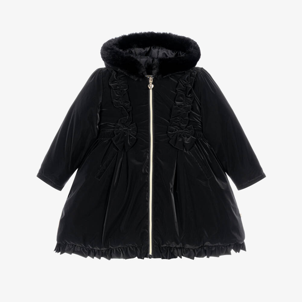 Caramelo Kids-Girls Black School Coat with Ruffles & Bows | Childrensalon