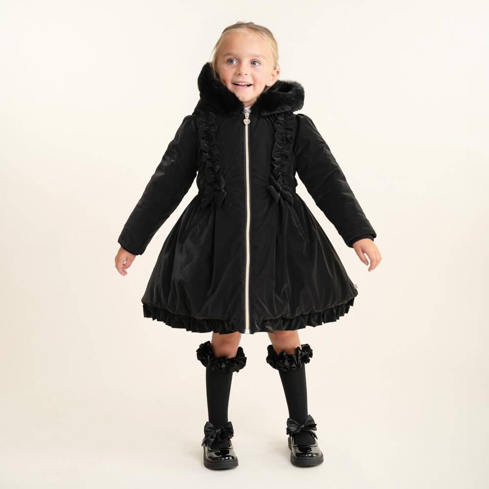 Caramelo Kids-Girls Black School Coat with Ruffles & Bows | Childrensalon