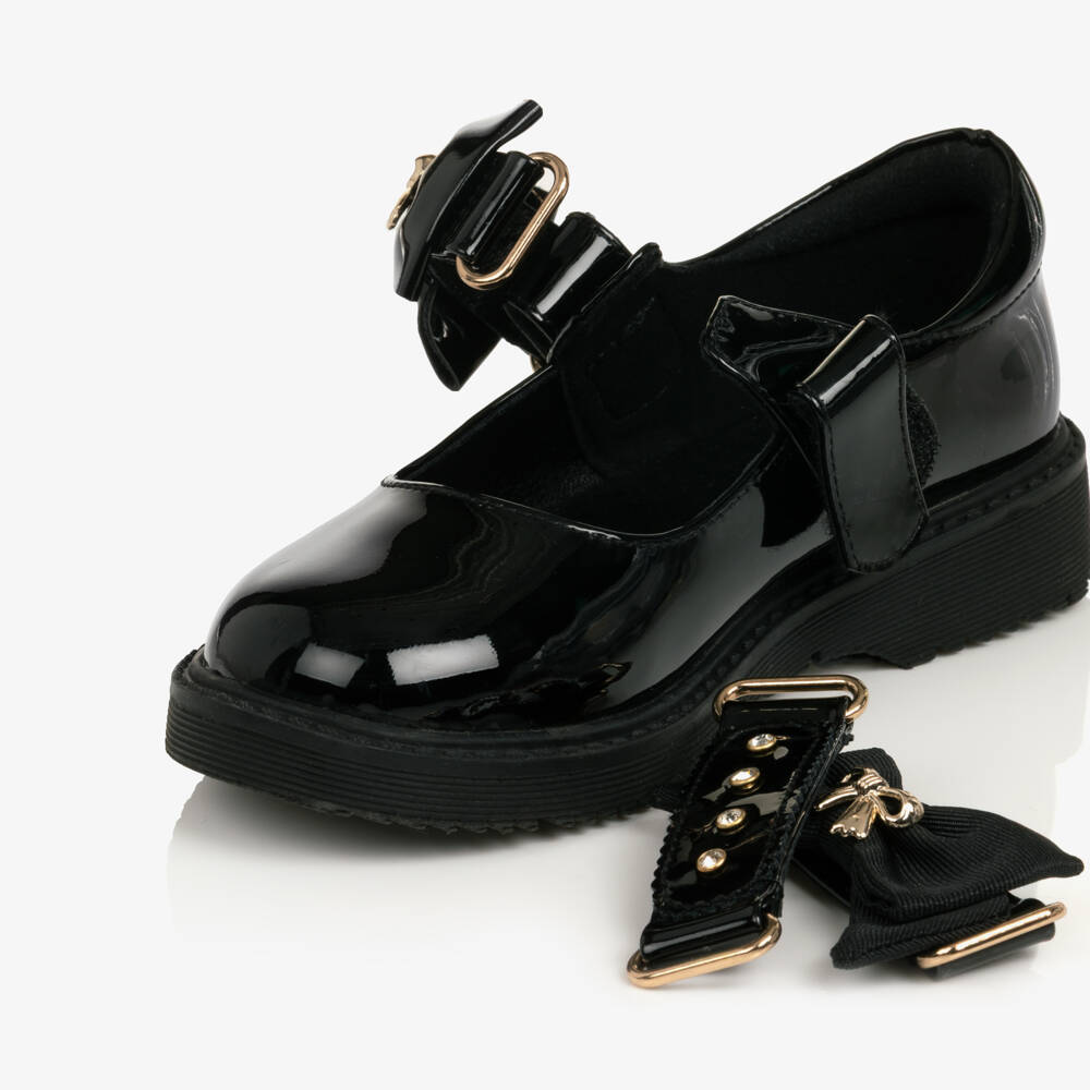 Caramelo Kids-Girls Black School Shoes with Bow Straps | Childrensalon