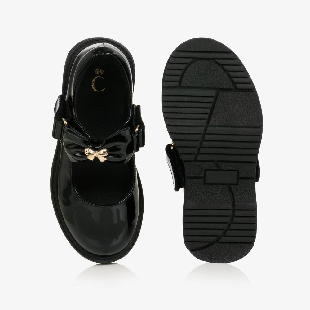 Caramelo Kids-Girls Black School Shoes with Bow Straps | Childrensalon