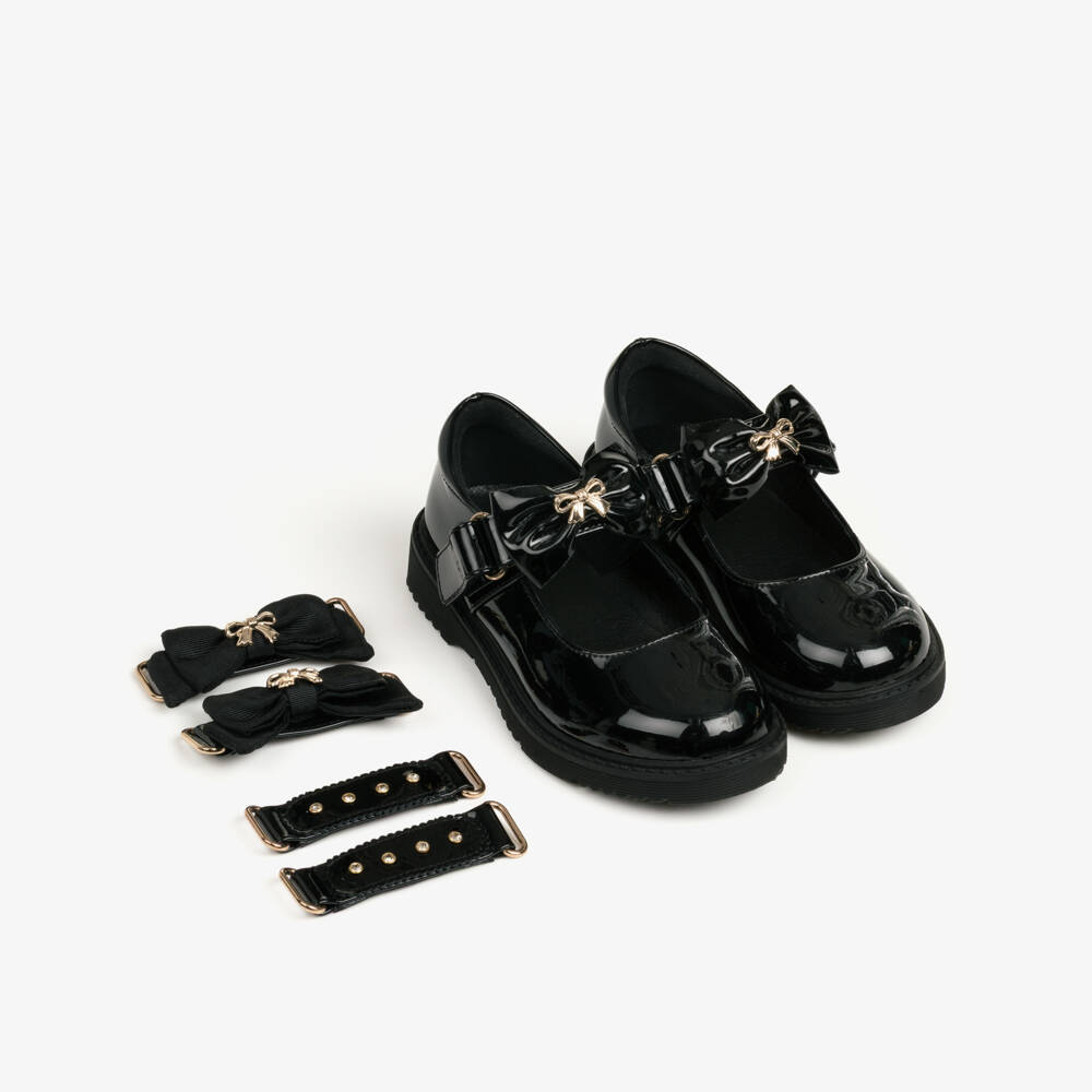 Caramelo Kids-Girls Black School Shoes with Bow Straps | Childrensalon