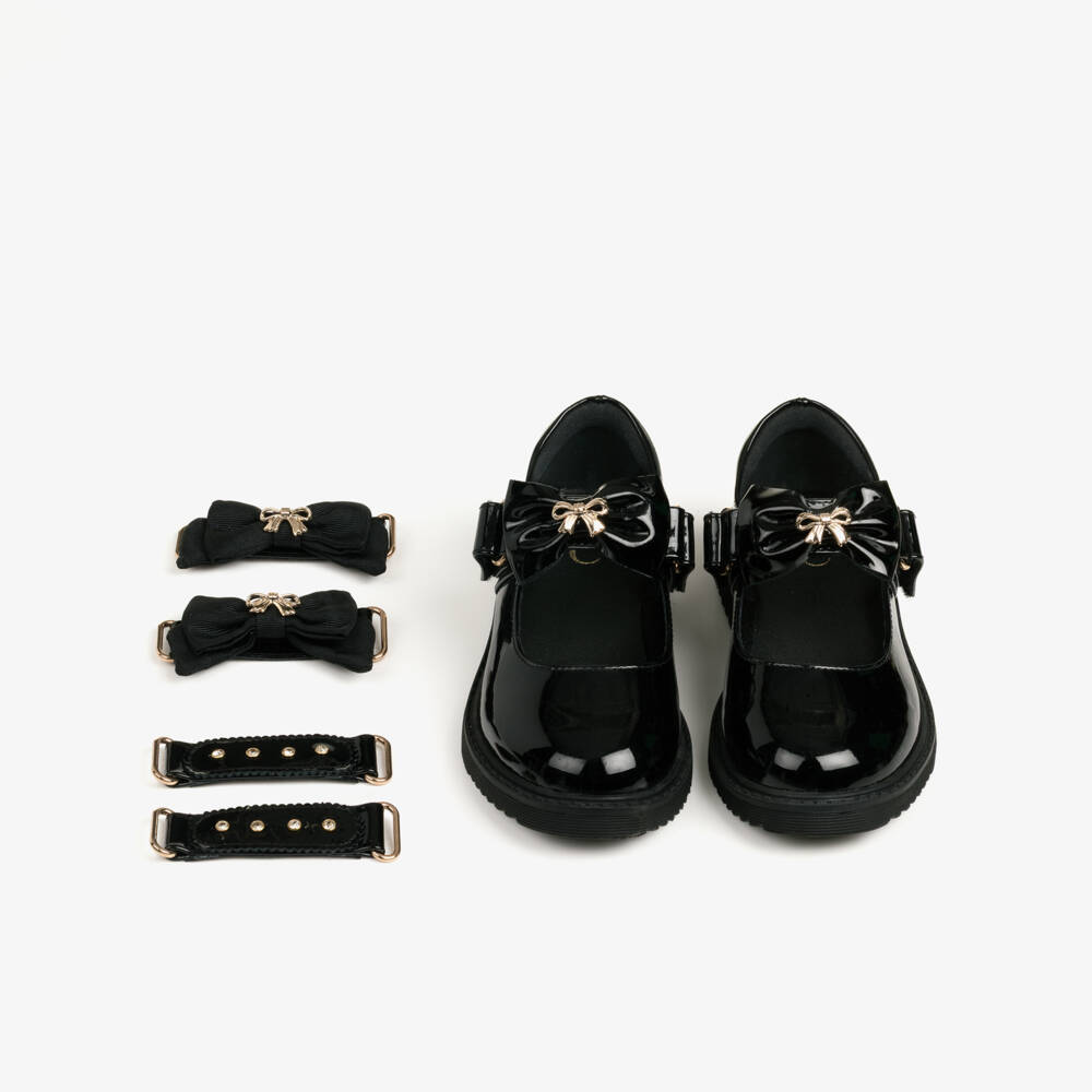 Caramelo Kids-Girls Black School Shoes with Bow Straps | Childrensalon
