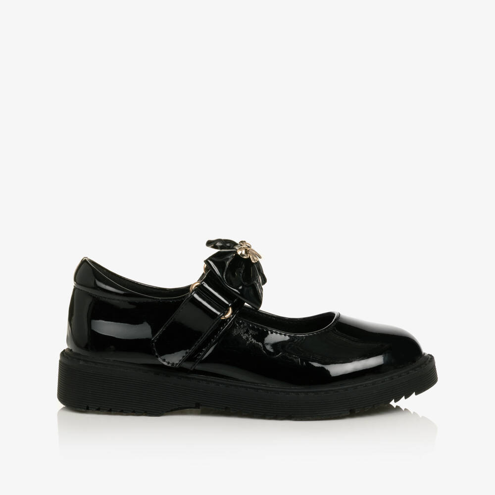 Caramelo Kids-Girls Black School Shoes with Bow Straps | Childrensalon