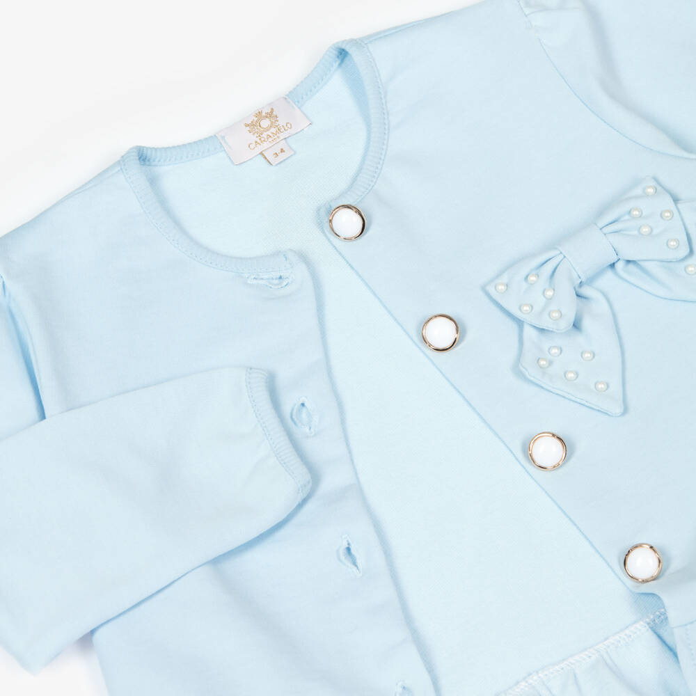 Caramelo Kids-Girls Blue Cotton Bow Tracksuit | Childrensalon