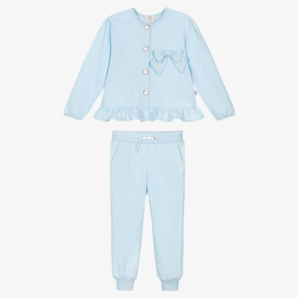 Caramelo Kids-Girls Blue Cotton Bow Tracksuit | Childrensalon