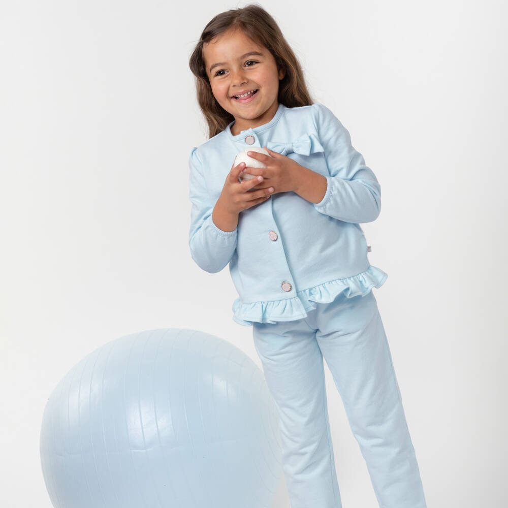 Caramelo Kids-Girls Blue Cotton Bow Tracksuit | Childrensalon