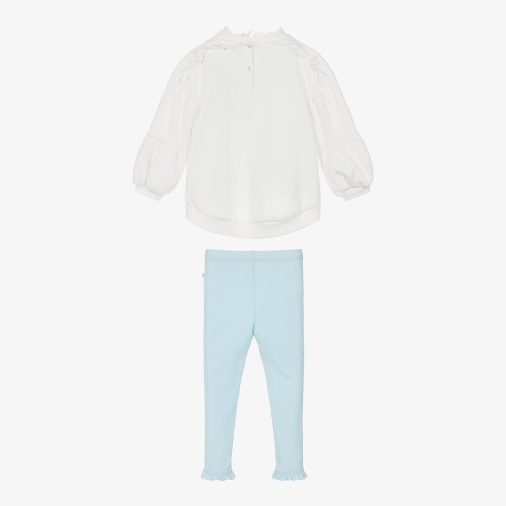 Caramelo Kids-Girls Blue Cotton Leggings Set with Frills, Bows & Ballerinas  | Childrensalon