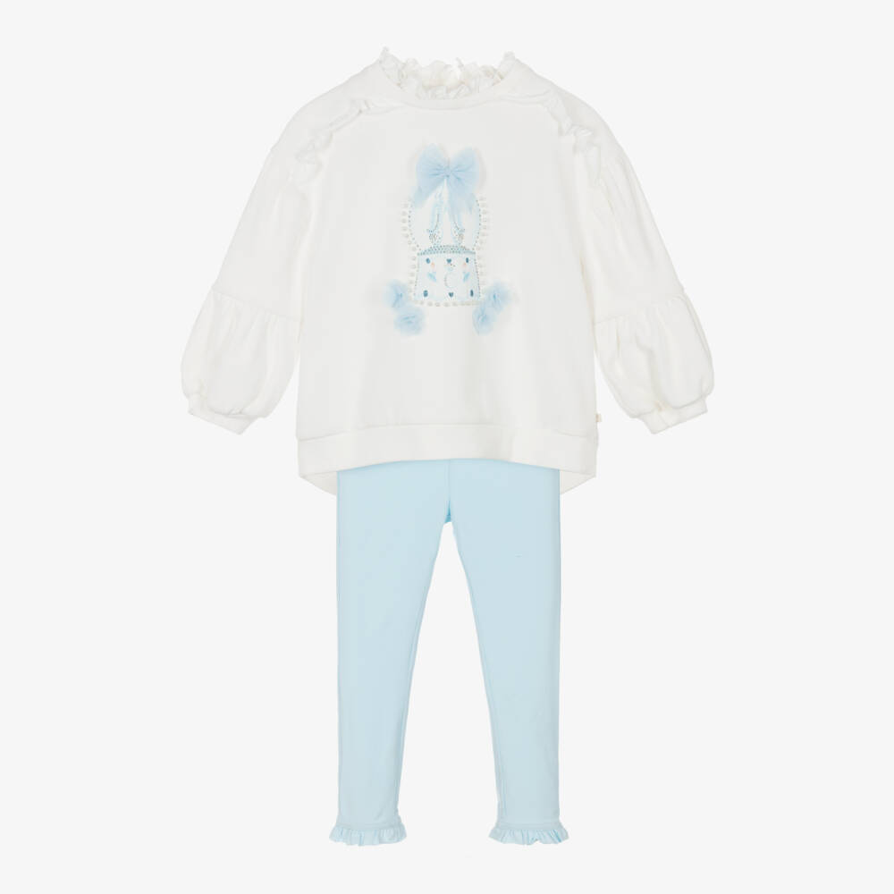 Caramelo Kids-Girls Blue Cotton Leggings Set with Frills, Bows & Ballerinas  | Childrensalon