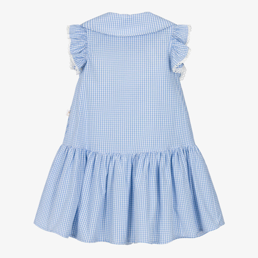 Caramelo Kids-Girls Blue Gingham Cotton Dress with Frill & Bow | Childrensalon