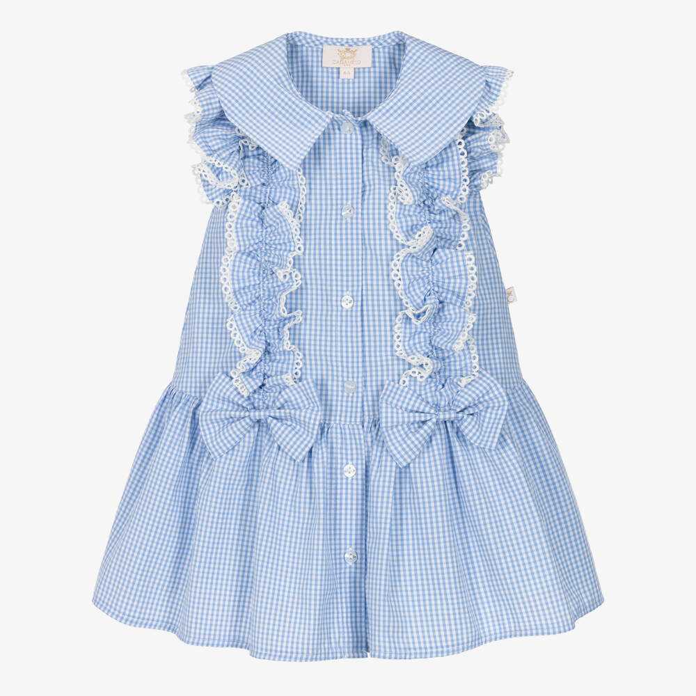 Caramelo Kids-Girls Blue Gingham Cotton Dress with Frill & Bow | Childrensalon