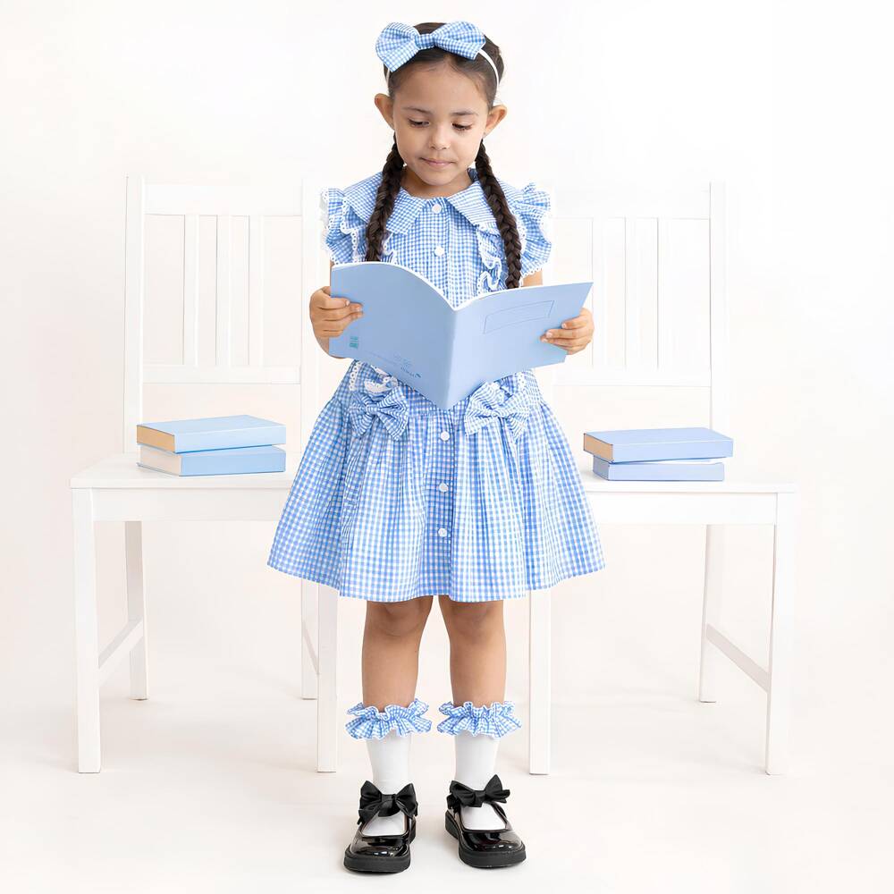 Caramelo Kids-فستان قطن جينغهام مزين بفيونكة وترتر لون أزرق | Childrensalon