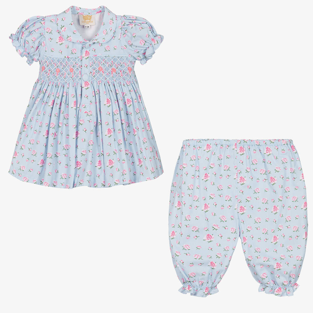 Caramelo Kids-Girls Blue Hand-Smocked Cotton Nightie Set | Childrensalon