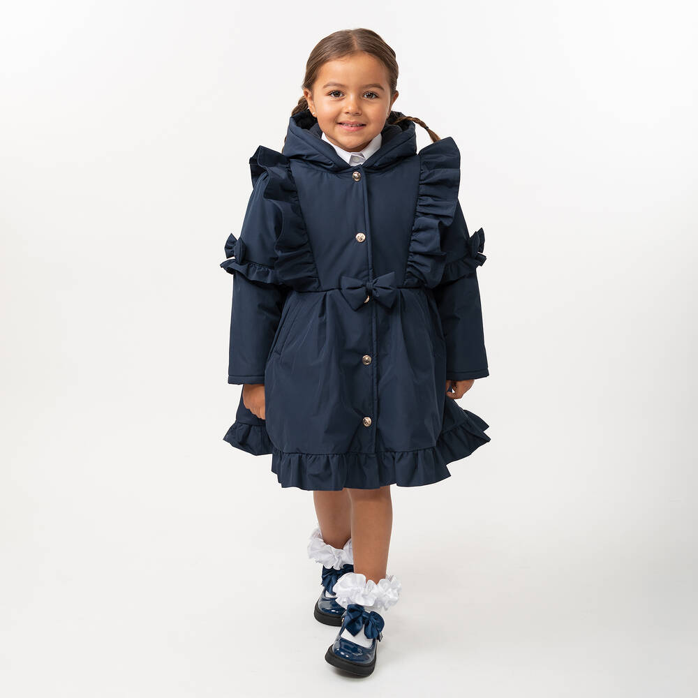Caramelo Kids-Girls Blue Hooded Bow Coat | Childrensalon