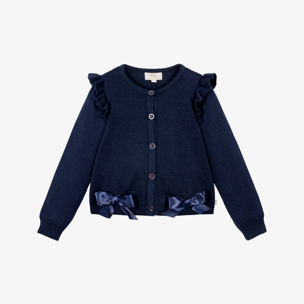 Caramelo Kids-Girls Blue Knitted Cardigan with Ruffles & Bows | Childrensalon