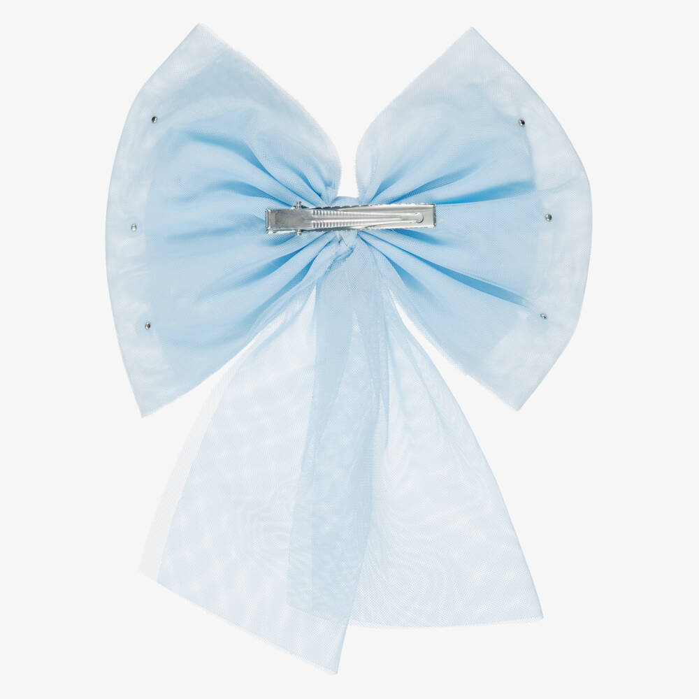 Caramelo Kids-Girls Blue Tulle Bow Hair Clip with Pearl Beads (17cm) | Childrensalon