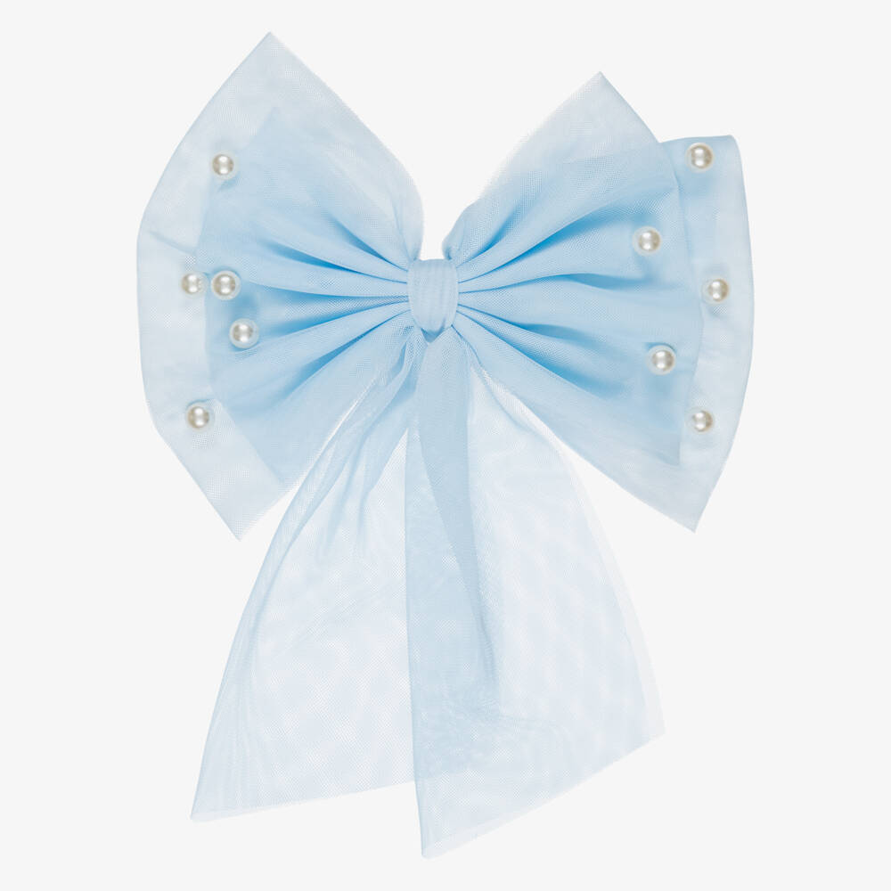 Caramelo Kids-Girls Blue Tulle Bow Hair Clip with Pearl Beads (17cm) | Childrensalon