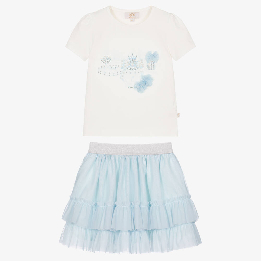 Caramelo Kids-Girls Blue Tulle Skirt Set with Frills, Pearls & Diamantés | Childrensalon