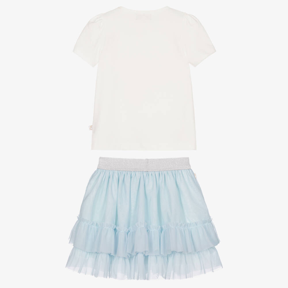 Caramelo Kids-Girls Blue Tulle Skirt Set with Frills, Pearls & Diamantés | Childrensalon