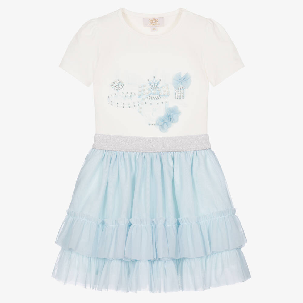 Caramelo Kids-Girls Blue Tulle Skirt Set with Frills, Pearls & Diamantés | Childrensalon