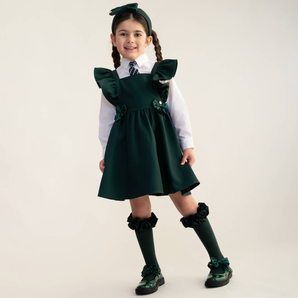 Caramelo Kids-Girls Bottle Green Pinafore Dress with Ruffles & Bows | Childrensalon