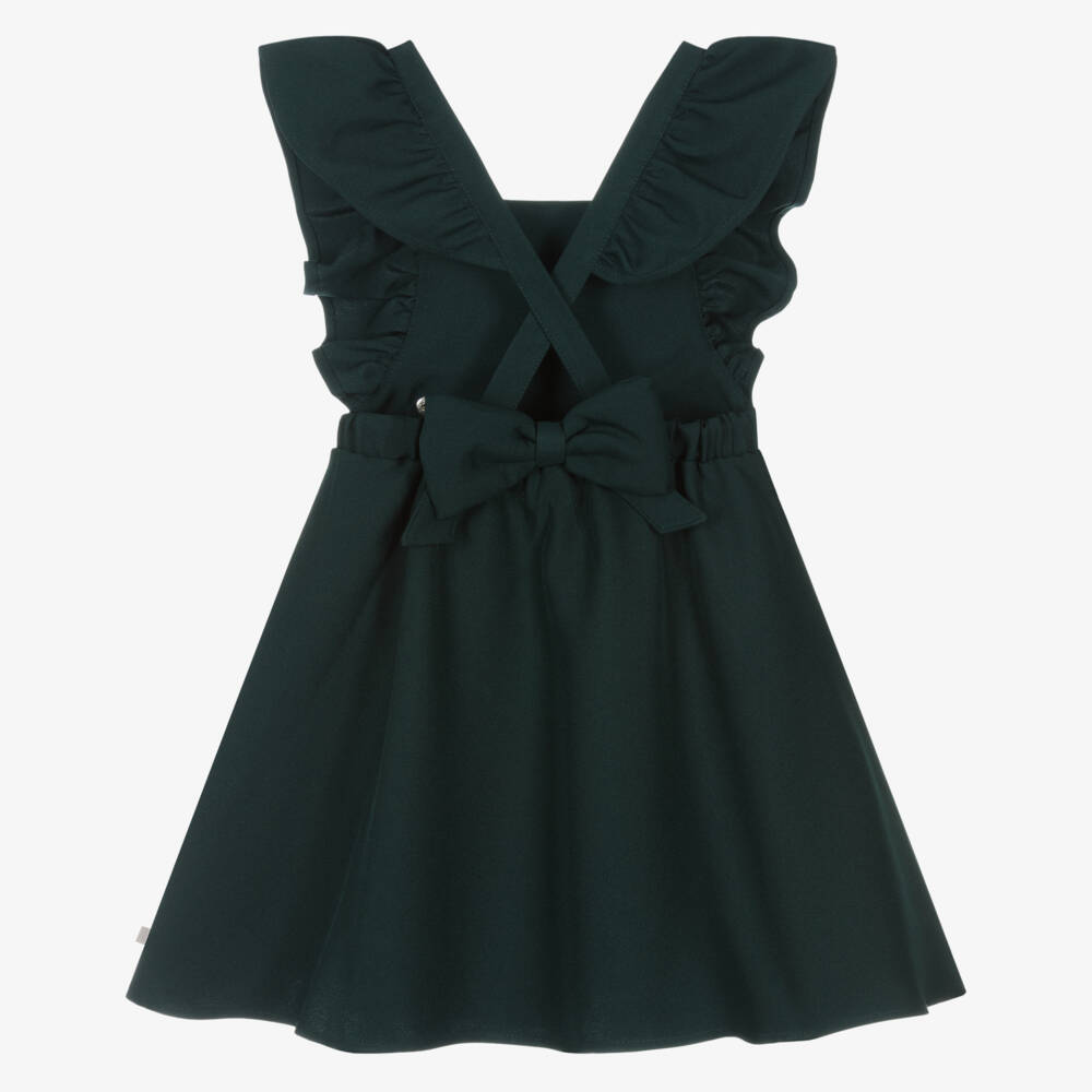Caramelo Kids-Girls Bottle Green Pinafore Dress with Ruffles & Bows | Childrensalon