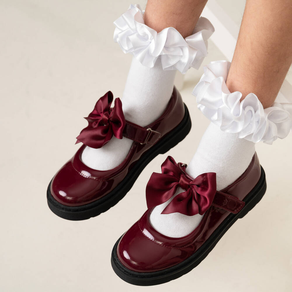 Caramelo Kids-Girls Burgundy Red Patent Velcro Shoes with Bow | Childrensalon