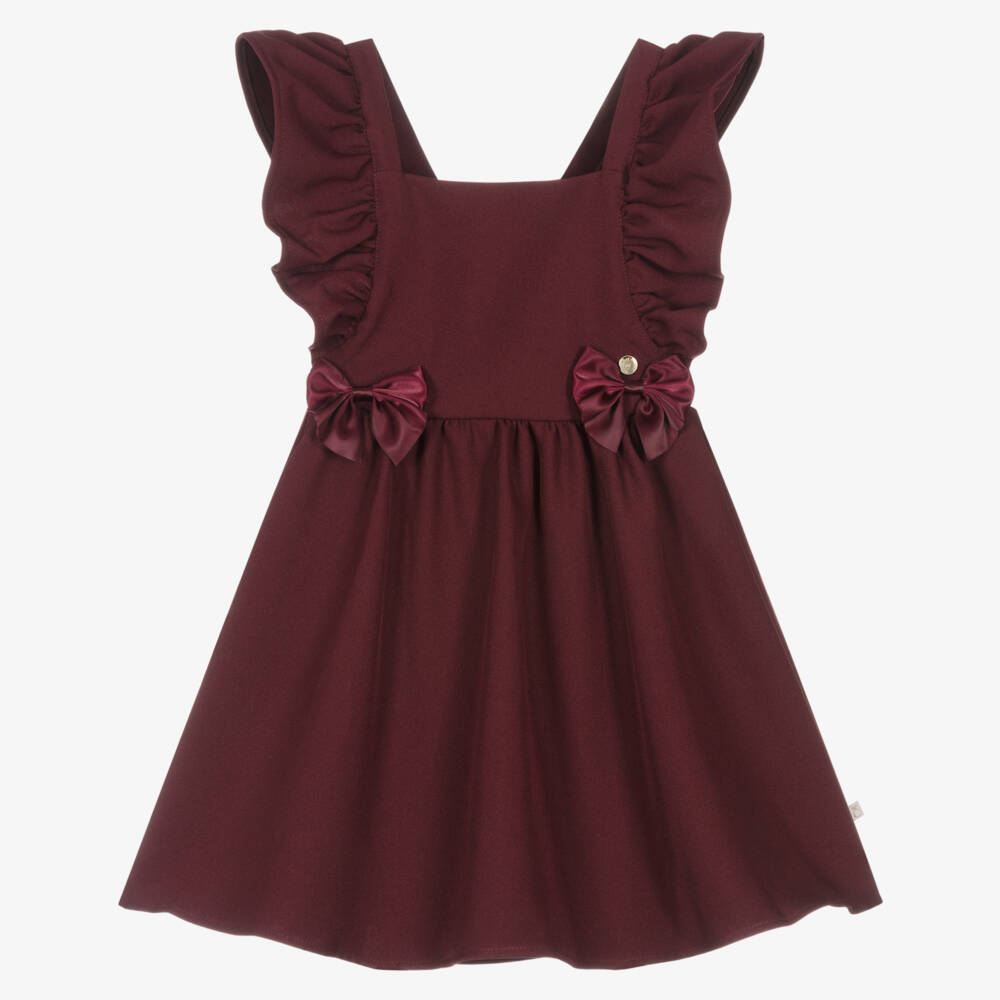 Caramelo Kids-Girls Burgundy Red Pinafore Dress with Ruffles & Bows | Childrensalon