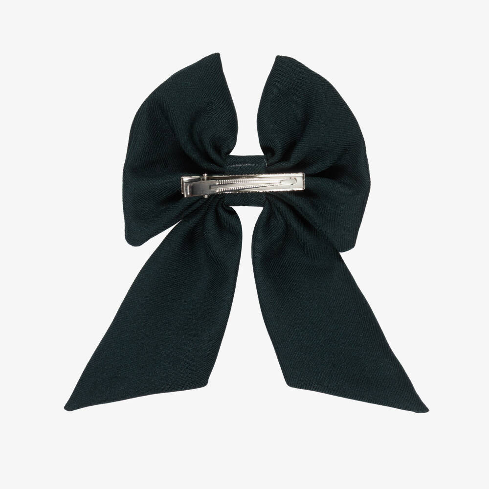 Caramelo Kids-Girls Dark Green Twill Bow Hair Clip (11cm) | Childrensalon